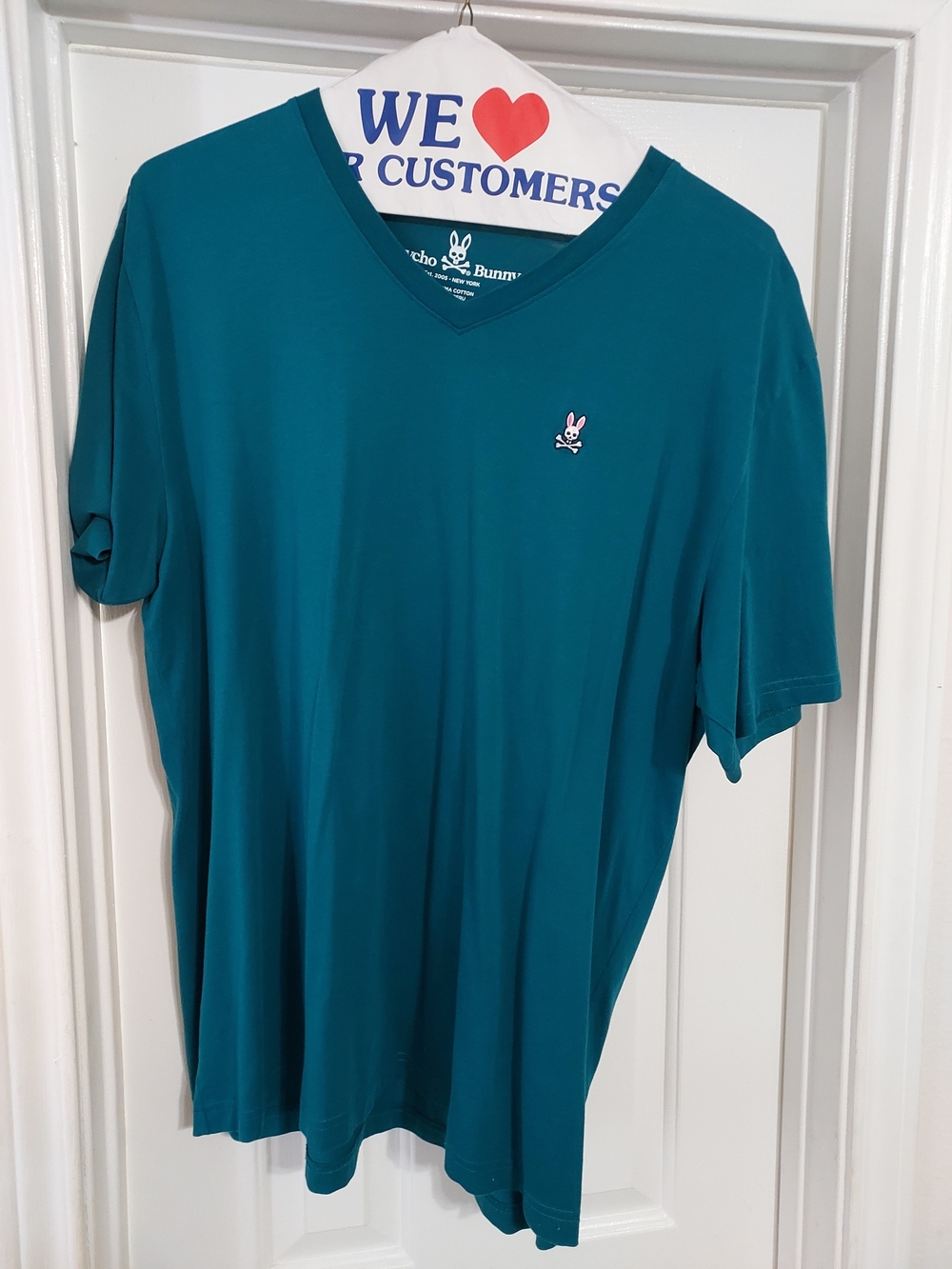 Psycho Bunny Men's Teal V-Neck Tee with Bunny Logo